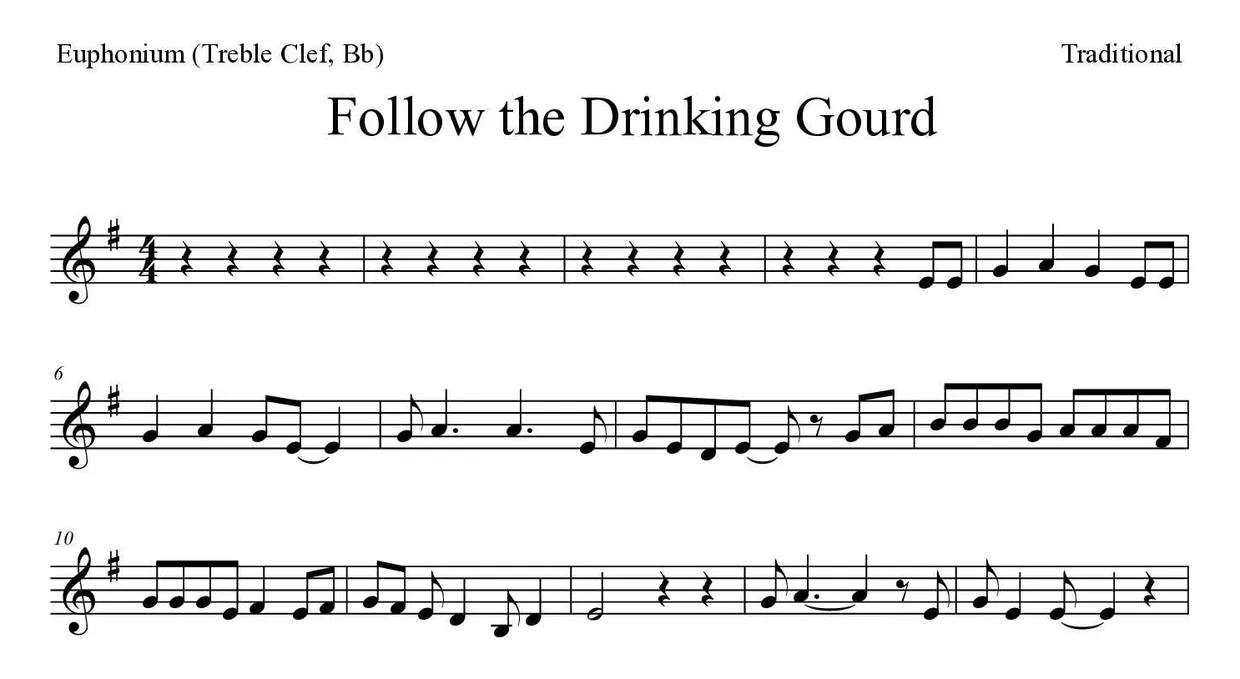 《Follow the Drinking Gourd》上低音号（高音谱号，降B调）乐谱前几行