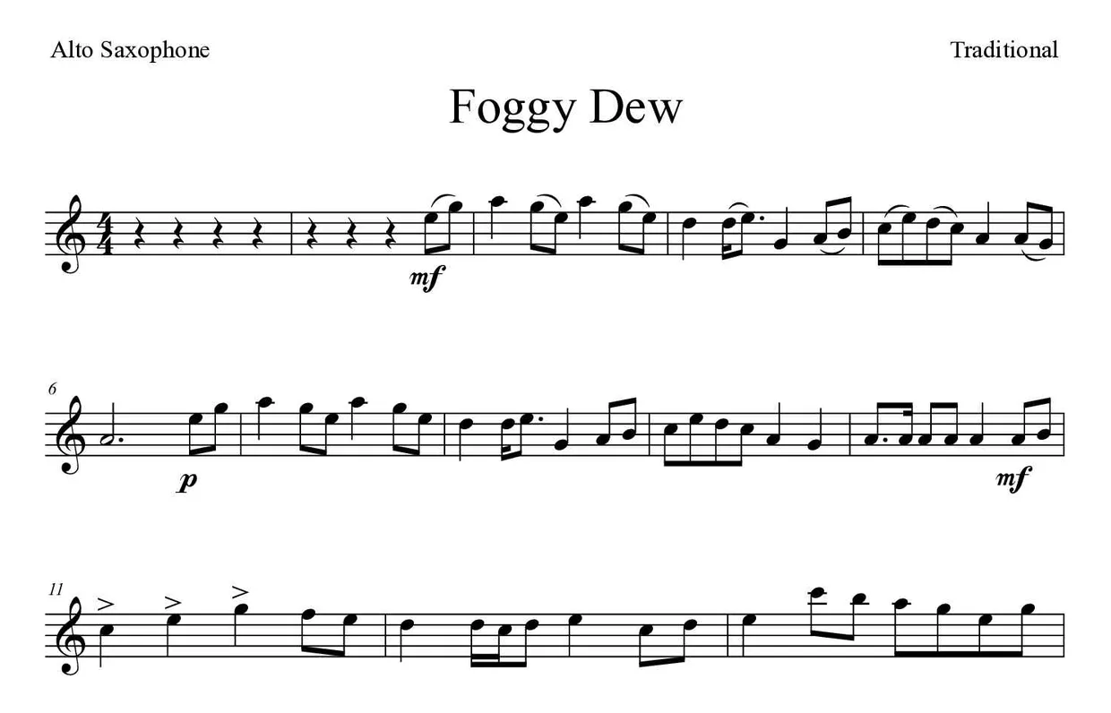 Partitura de Foggy Dew para saxofón alto, primeras líneas