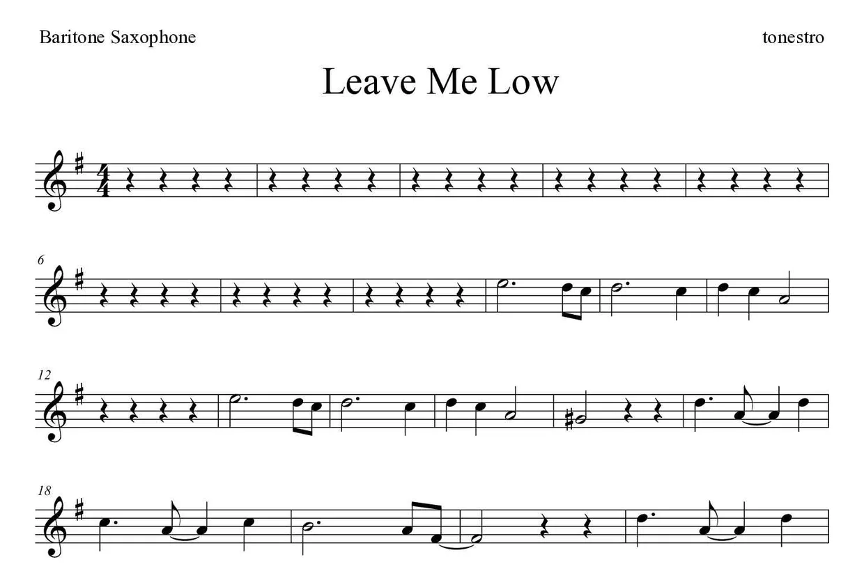 「Leave Me Low」Baritone Saxophone用楽譜の最初の数段