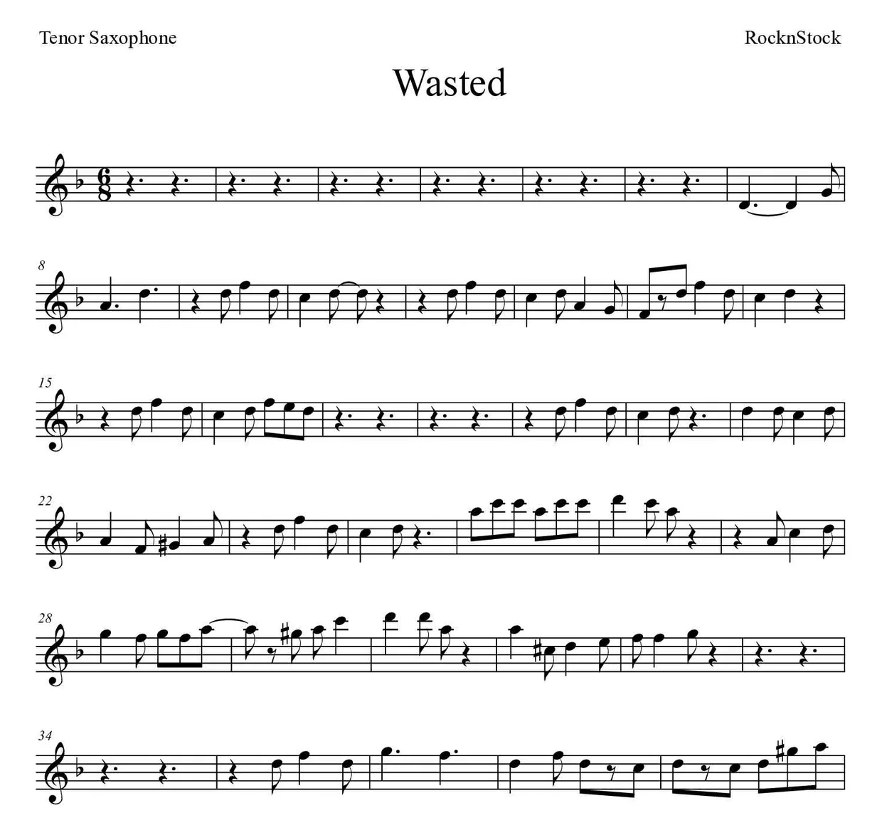 Spartito di Wasted per tenor saxophone, prime righe