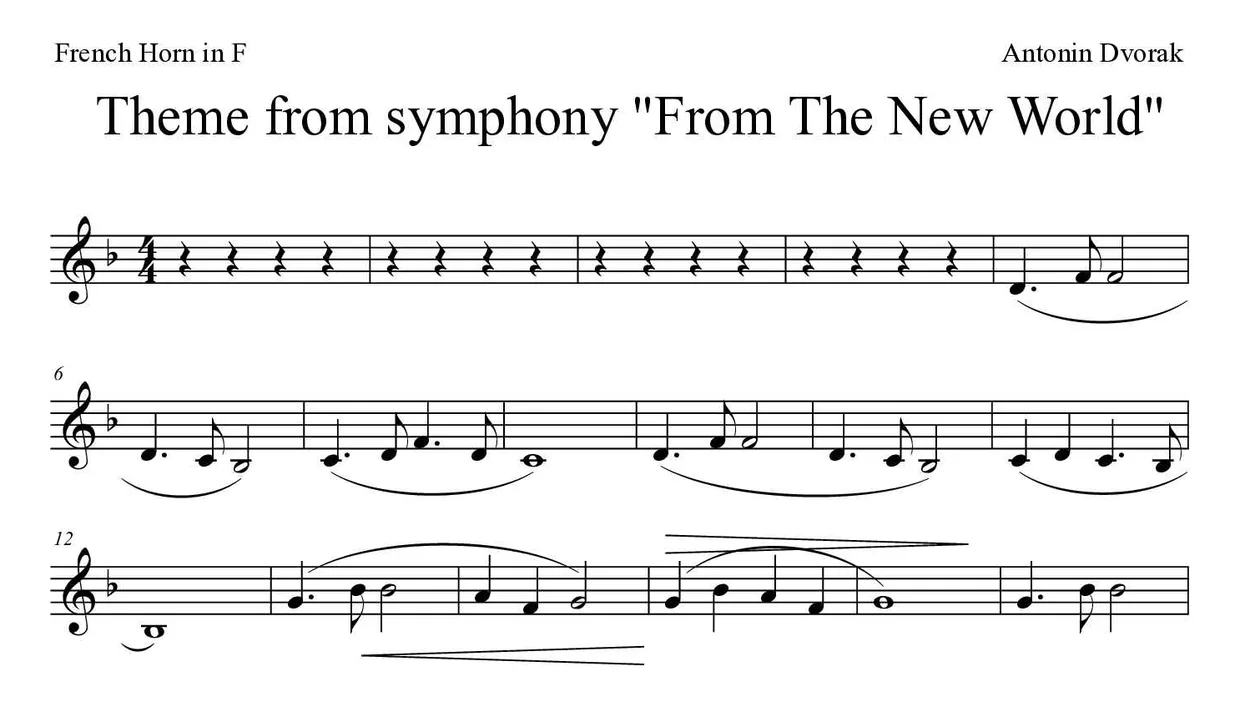 Noten von Thema aus der Sinfonie Nr. 9 für Horn (Einfach), erste Zeilen