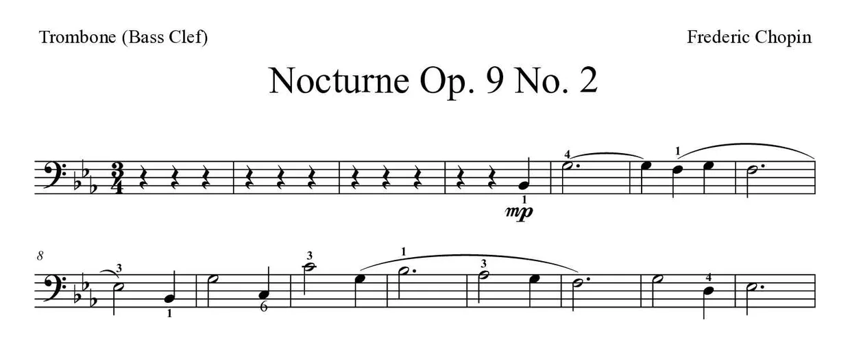 Partitura de Nocturne Op. 9 No. 2 para trombón, primeras líneas