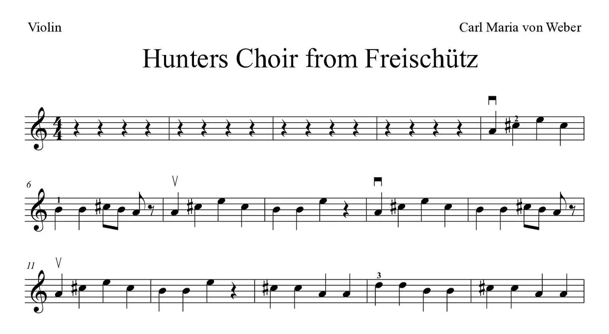 Sheet music of Hunters Choir from Freischütz for violin (Medium), first lines