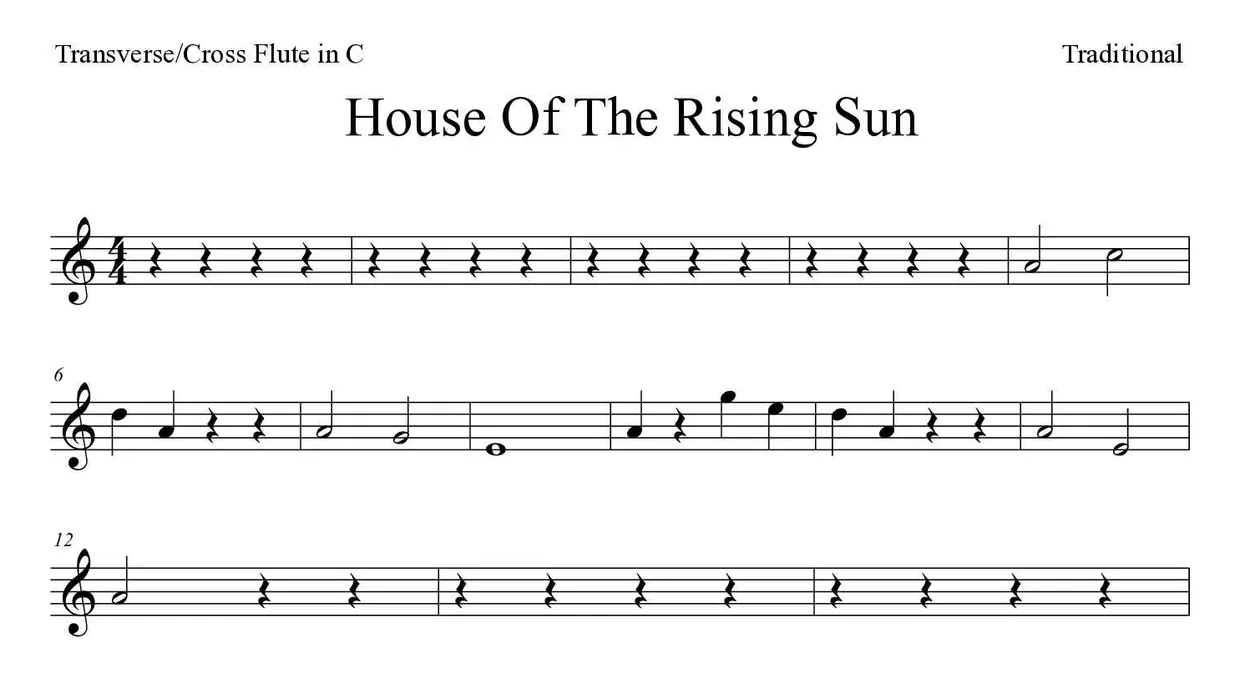 Spartito di House Of The Rising Sun per flute, prime righe