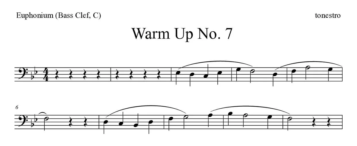 ‘Warm Up No. 7’ Euphonium (Bass Clef, C) 악보의 첫 몇 줄