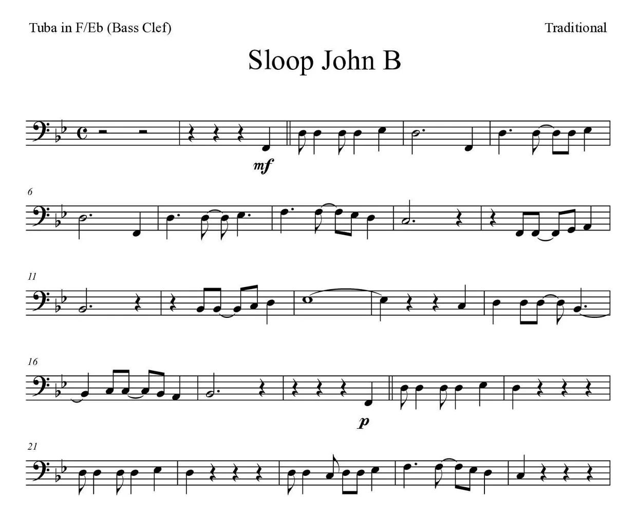 Partitura de Sloop John B para tuba en Fa/Mib (clave de Fa), primeras líneas