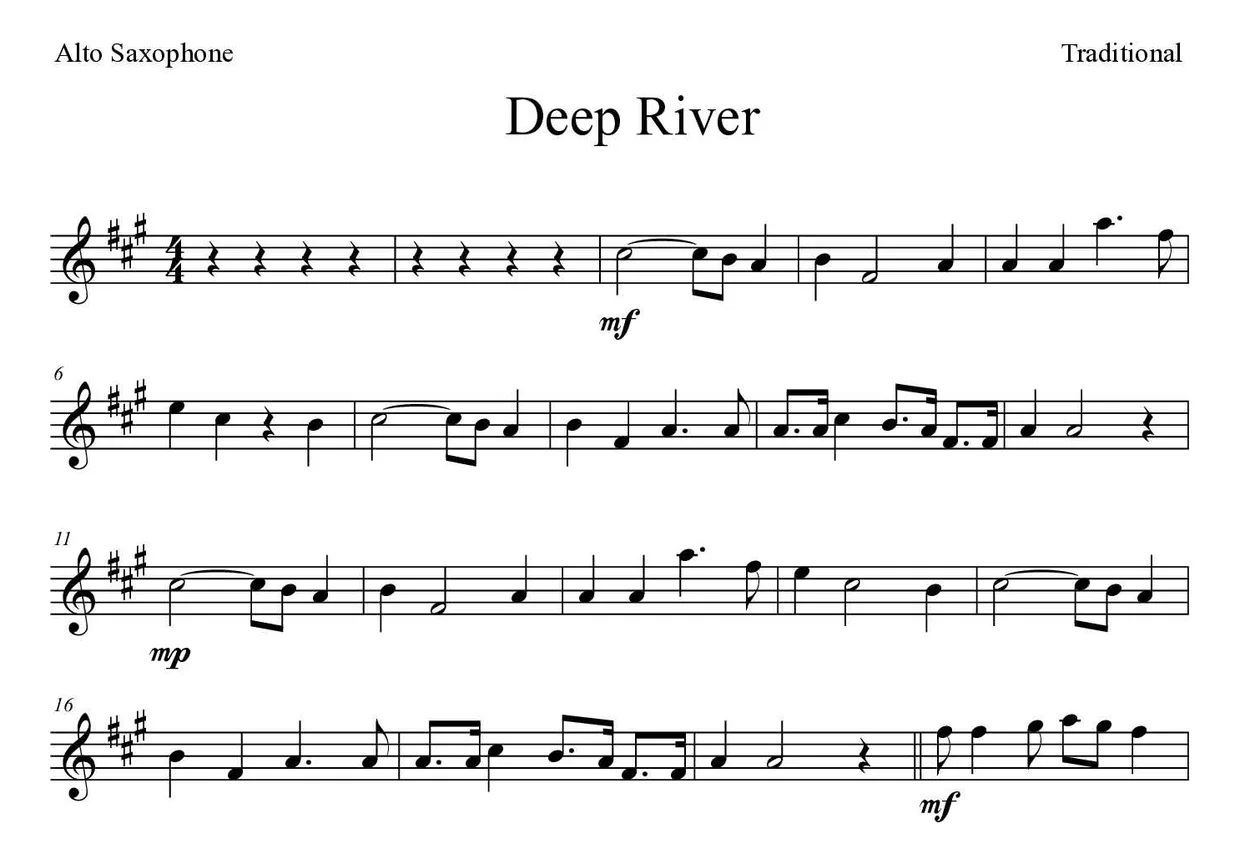Noten von Deep River für Altsaxophon (Schwer), erste Zeilen