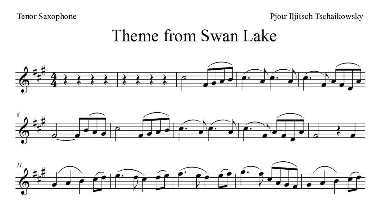Sheet music of Theme from Swan Lake for tenor saxophone (Hard), first lines