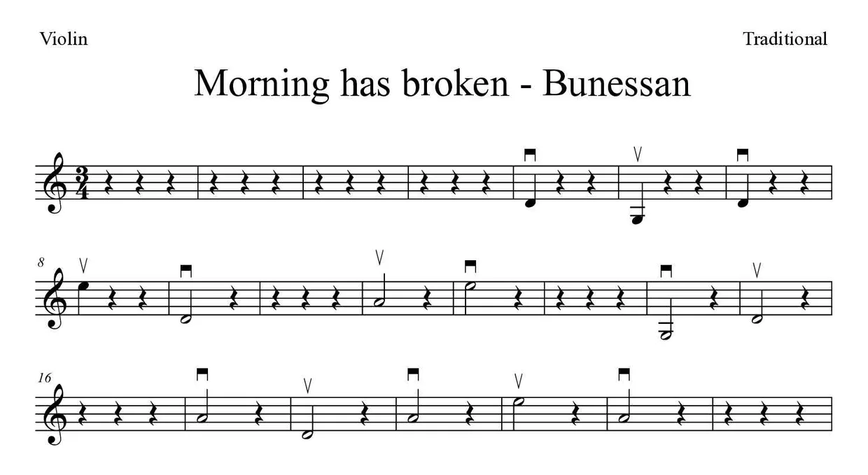Sheet music of Morning has broken - Bunessan for violin (Easy), first lines
