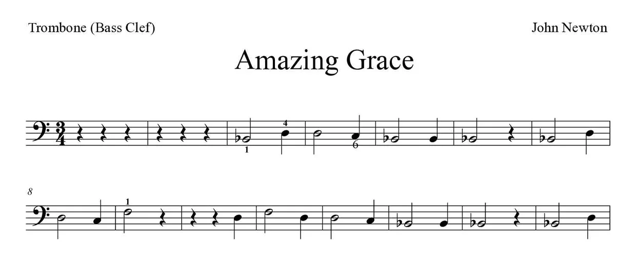 Partitura de Amazing Grace para trombone, primeiras linhas