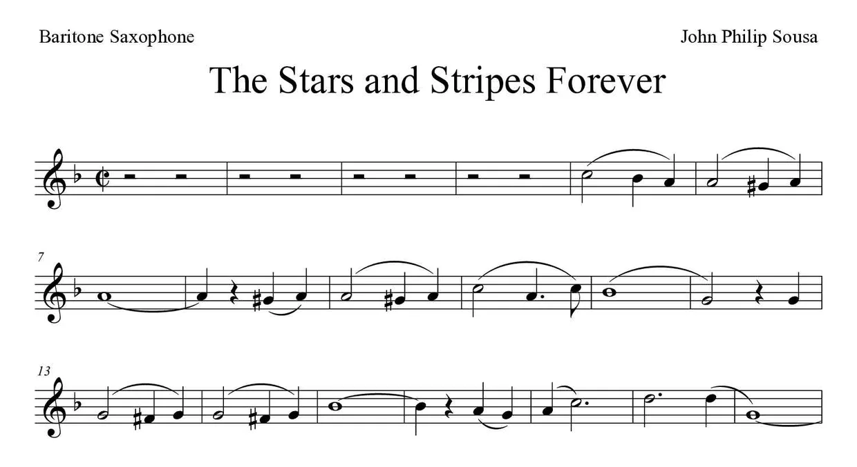 Spartito di The Stars and Stripes Forever per baritone saxophone, prime righe