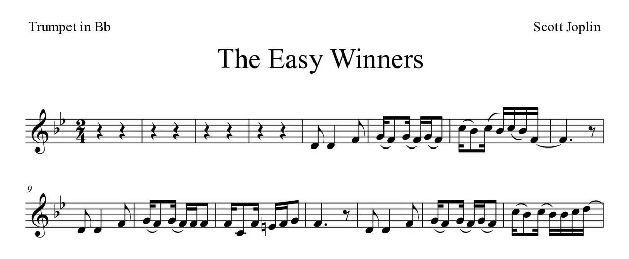 ‘The Easy Winners’ Trumpet in Bb 악보의 첫 몇 줄
