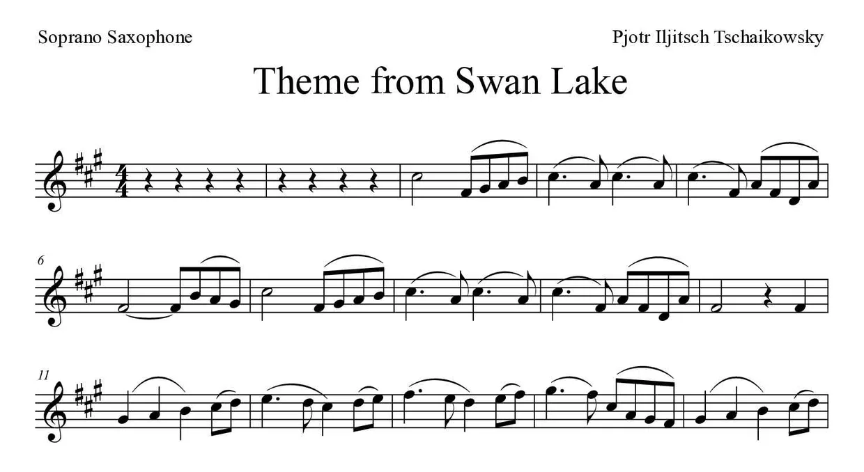 ‘Theme from Swan Lake’ Soprano Saxophone 악보의 첫 몇 줄
