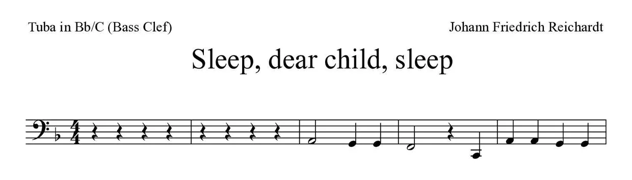 Bladmuziek van Sleep, dear child, sleep voor tuba in Bb/C (bass clef), eerste regels