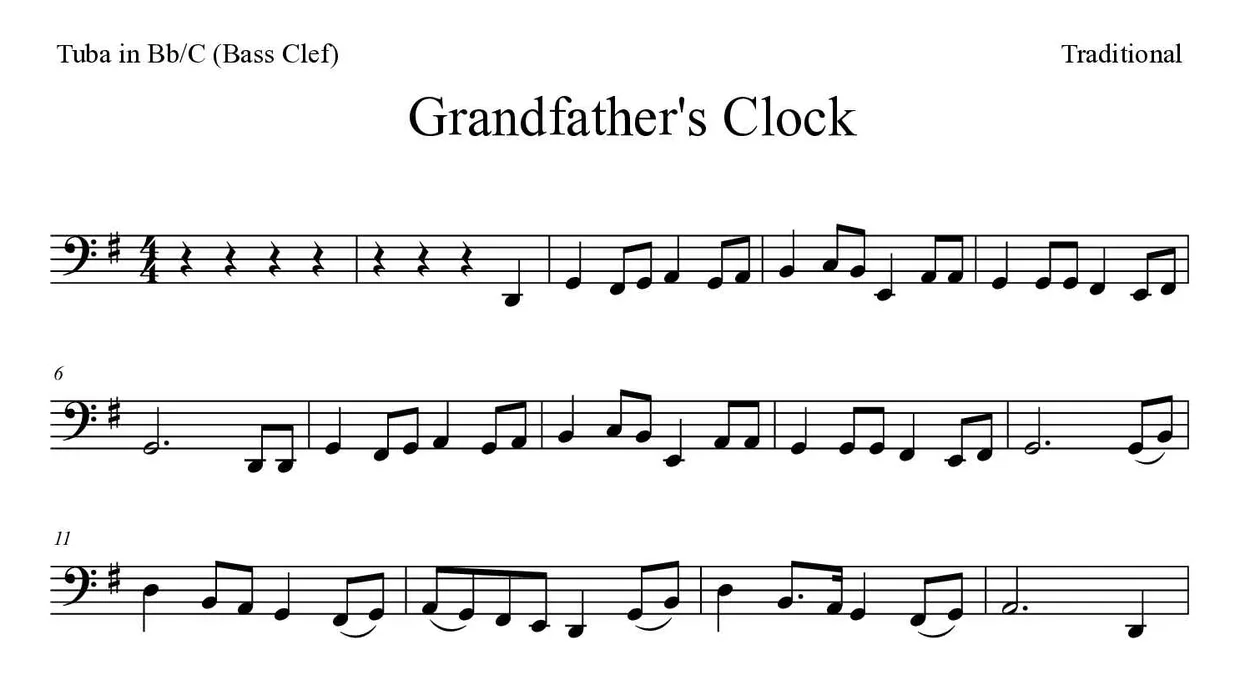 Sheet music of Grandfather's Clock for tuba in Bb/C (bass clef) (Medium), first lines