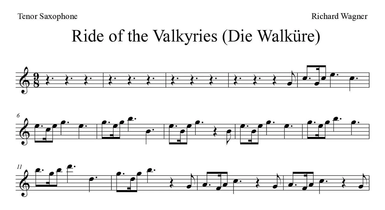 Sheet music of Ride of the Valkyries (Die Walküre) for tenor saxophone (Expert), first lines