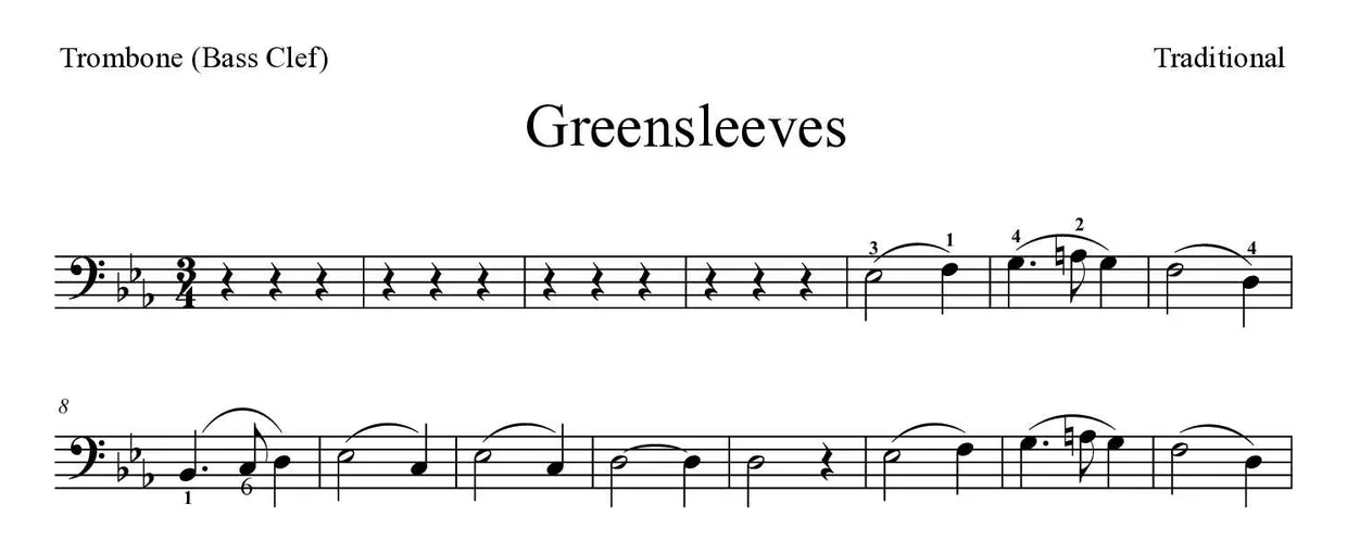 Sheet music of Greensleeves for trombone (Medium), first lines