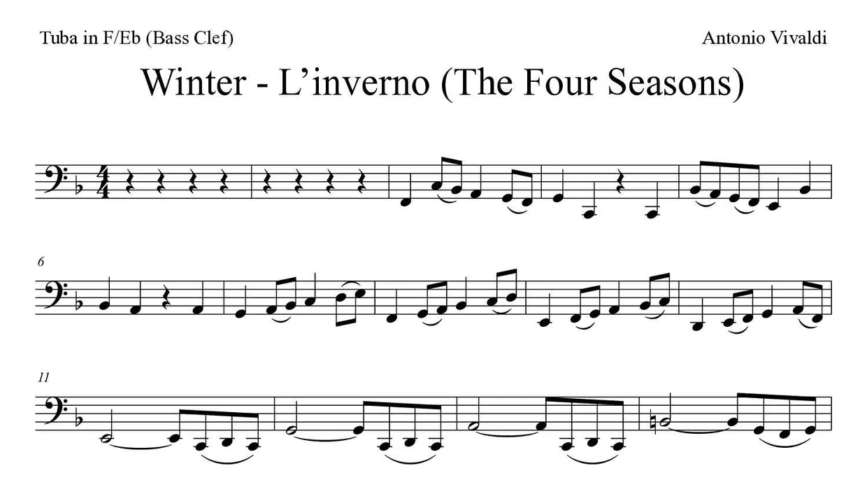 ‘Winter - L’inverno (The Four Seasons)’ Tuba in F/Eb (Bass Clef) 악보의 첫 몇 줄