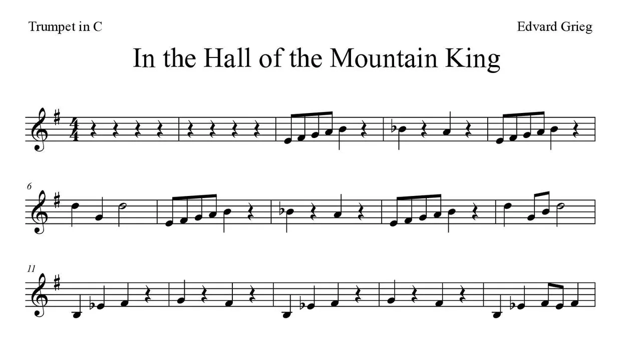 Sheet music of In the Hall of the Mountain King for trumpet in C (Medium), first lines