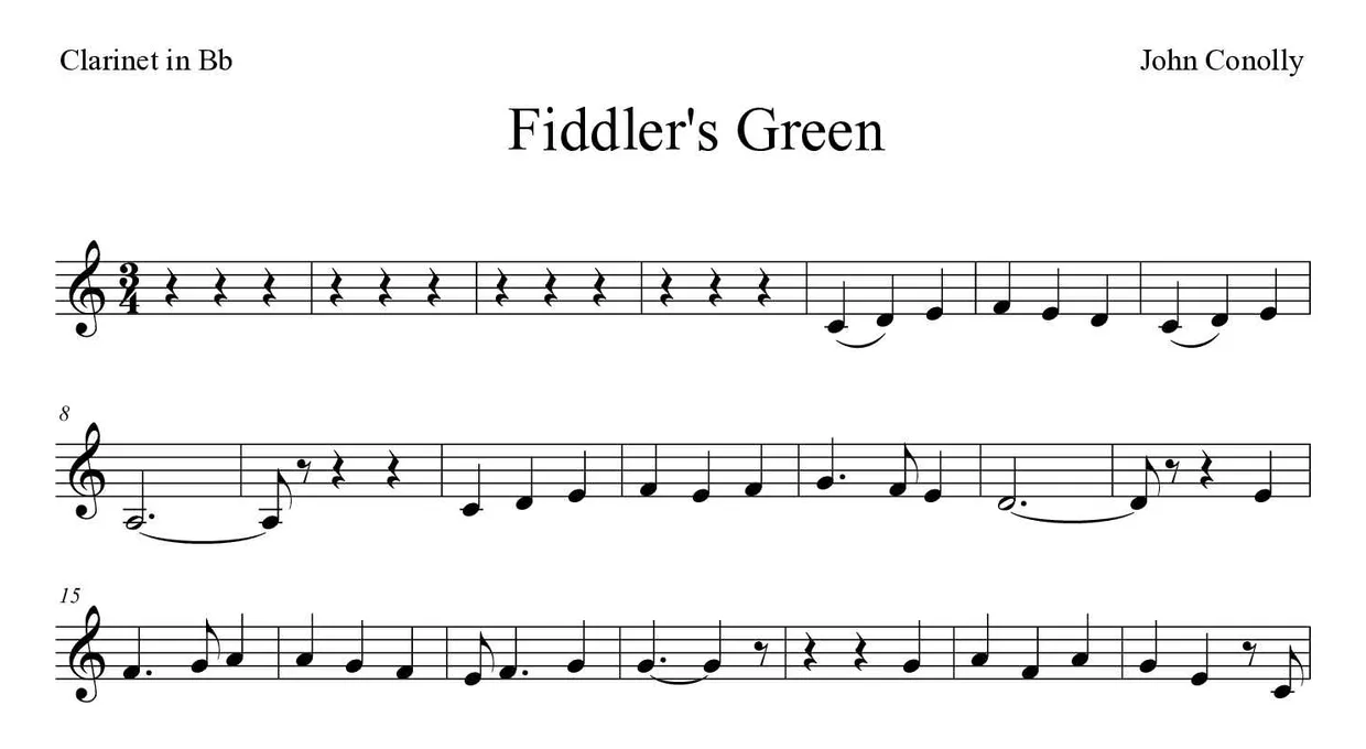 Sheet music of Fiddler's Green for clarinet (Medium), first lines