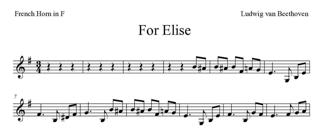 ‘For Elise’ French Horn 악보의 첫 몇 줄