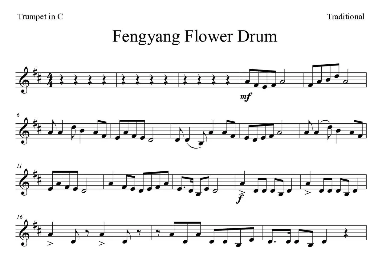 Spartito di Fengyang Flower Drum per trumpet in C, prime righe