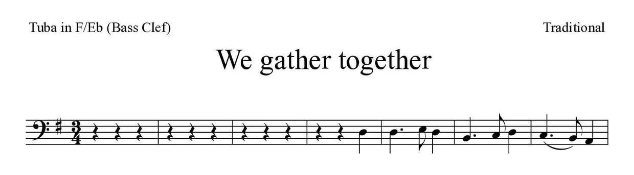 ‘We gather together’ Tuba in F/Eb (Bass Clef) 악보의 첫 몇 줄