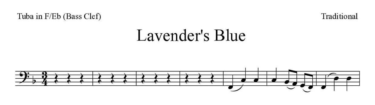 Partitura de Lavender's Blue para tuba en Fa/Mib (clave de Fa), primeras líneas