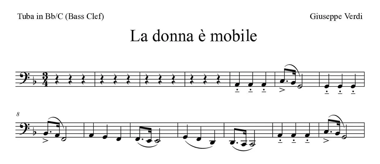 Bladmuziek van La donna è mobile voor tuba in Bb/C (bass clef), eerste regels
