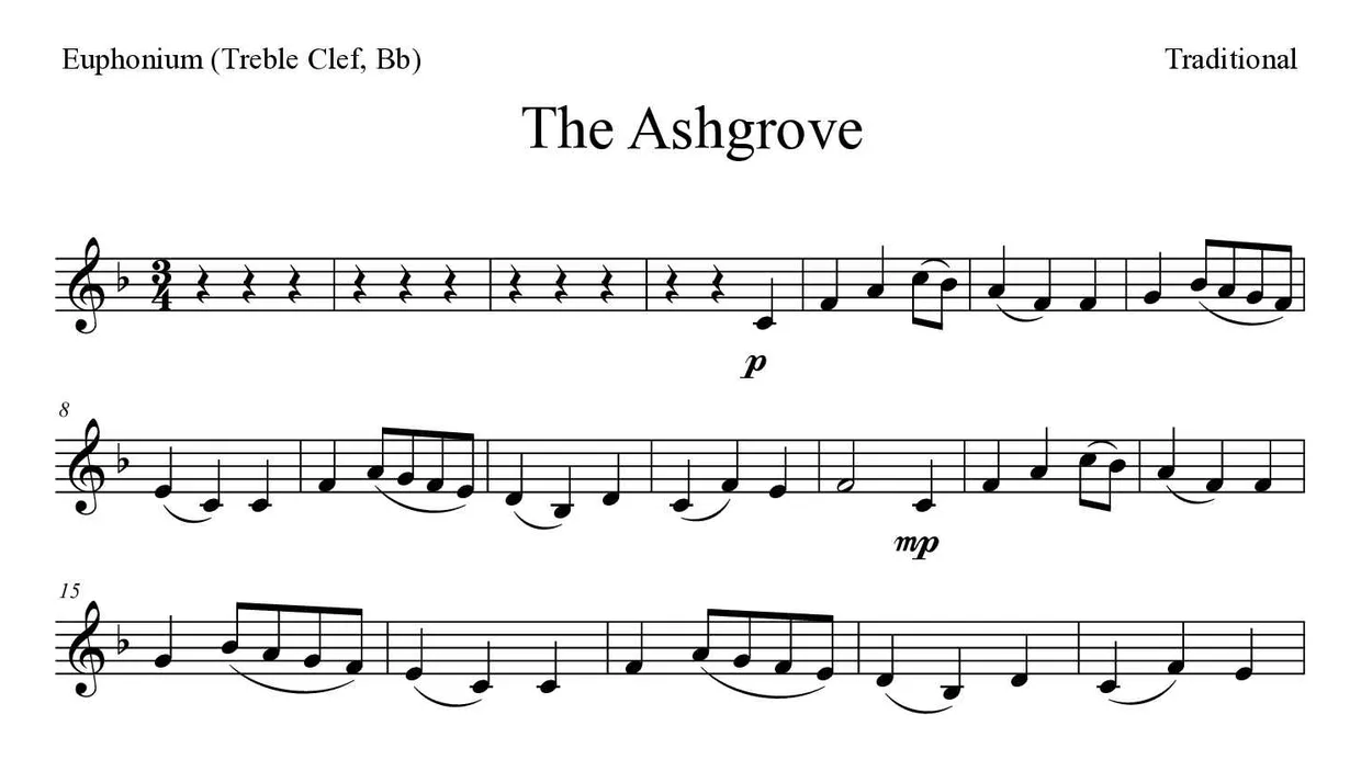 Partitura de The Ashgrove para eufónio (clave de Sol, Sib), primeiras linhas