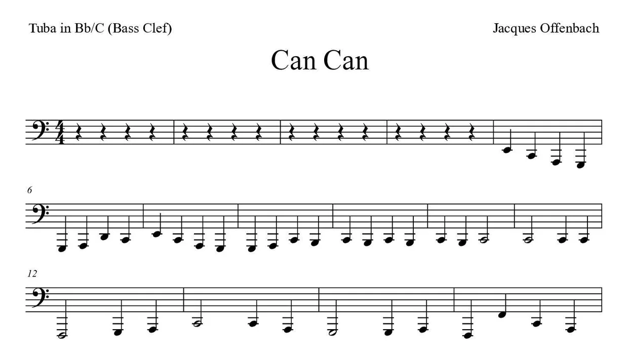 Partition de Can Can pour tuba en si bémol/do (clé de fa), premières lignes