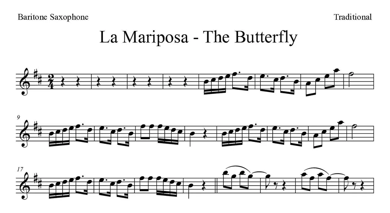 「La Mariposa - The Butterfly」Baritone Saxophone用楽譜の最初の数段