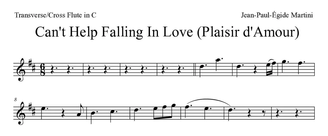 ‘Can't Help Falling In Love (Plaisir d'Amour)’ Flute 악보의 첫 몇 줄
