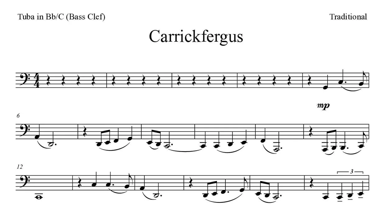 「Carrickfergus」Tuba in Bb/C (Bass Clef)用楽譜の最初の数段