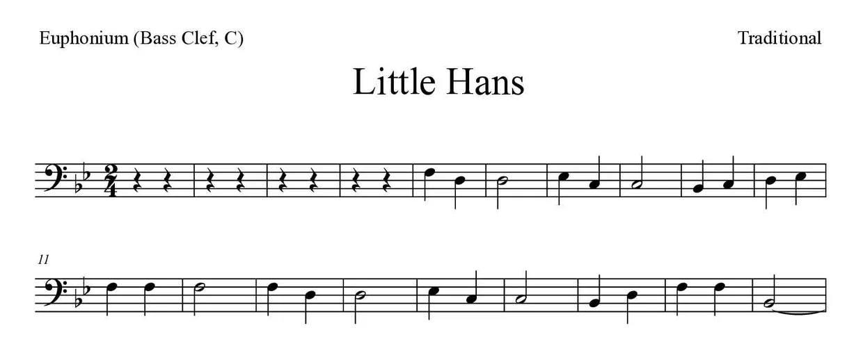 Partition de Little Hans pour euphonium (clé de fa, do), premières lignes