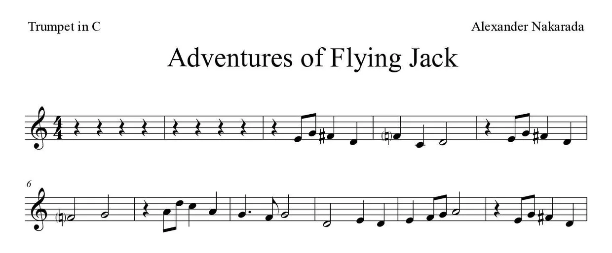 Sheet music of Adventures of Flying Jack for trumpet in C (Medium), first lines