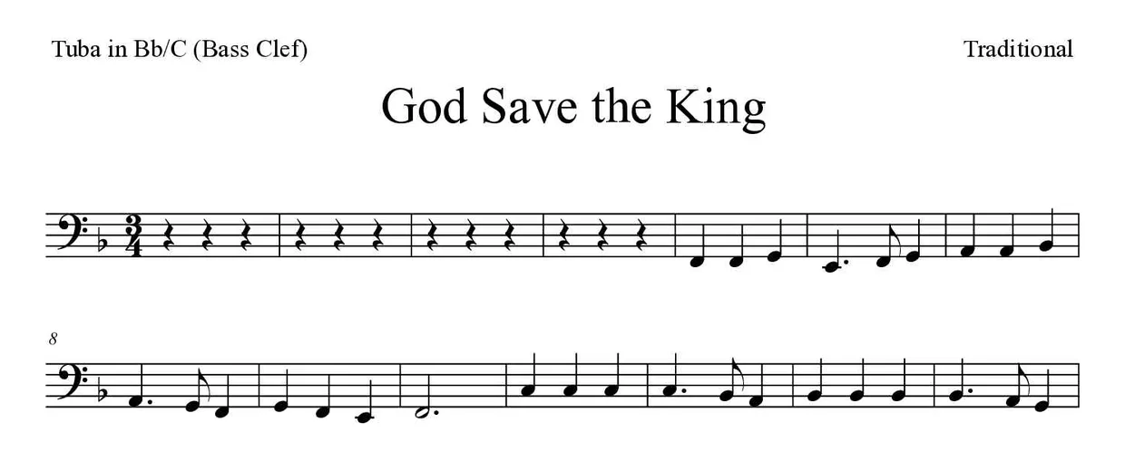 Partitura de God Save the King para tuba em Sib/Do (clave de Fa), primeiras linhas