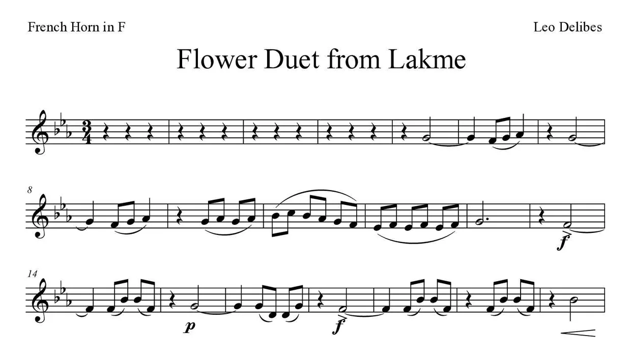 Partitura de Flower Duet from Lakme para trompa, primeras líneas