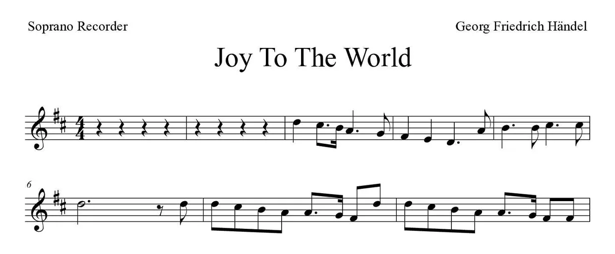 Bladmuziek van Joy to the World voor recorder, eerste regels