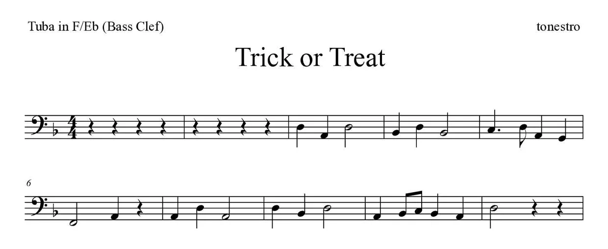 Partitura de Trick or Treat para tuba en Fa/Mib (clave de Fa), primeras líneas