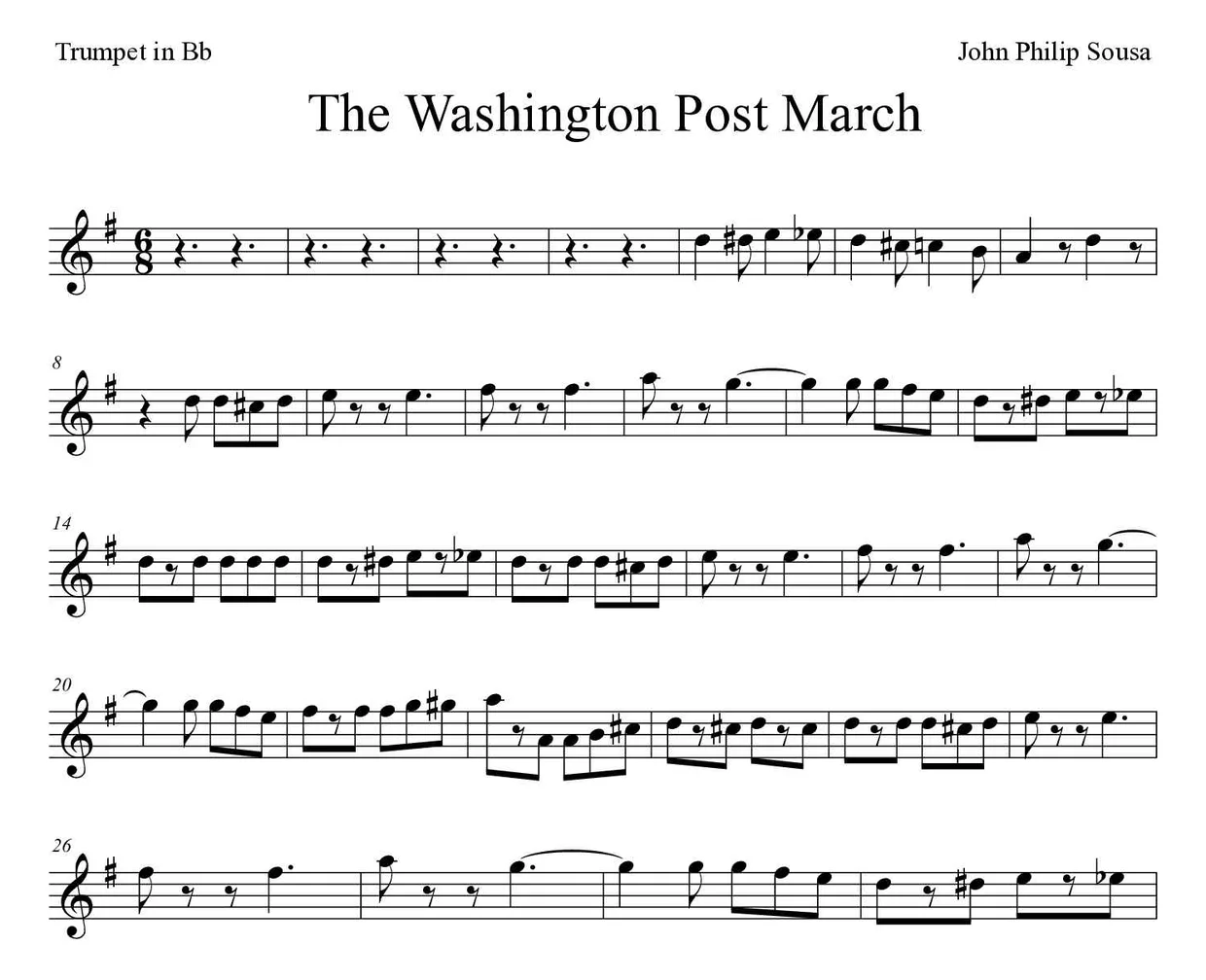 Partitura de The Washington Post March para trompeta en Sib, primeras líneas