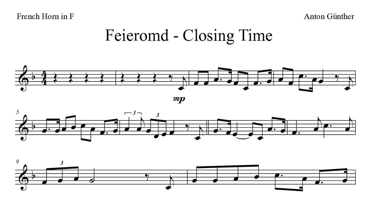 Noten von Feieromd für Horn (Schwer), erste Zeilen