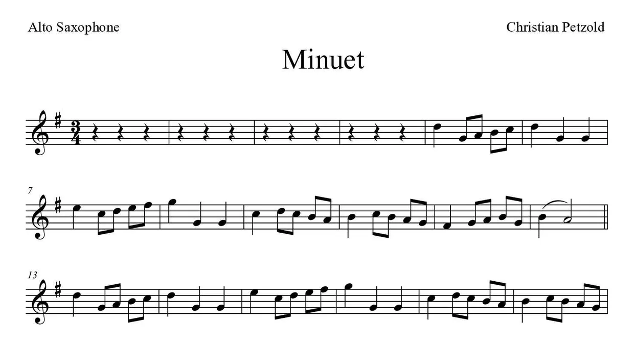 Partition de Menuet pour saxophone alto, premières lignes