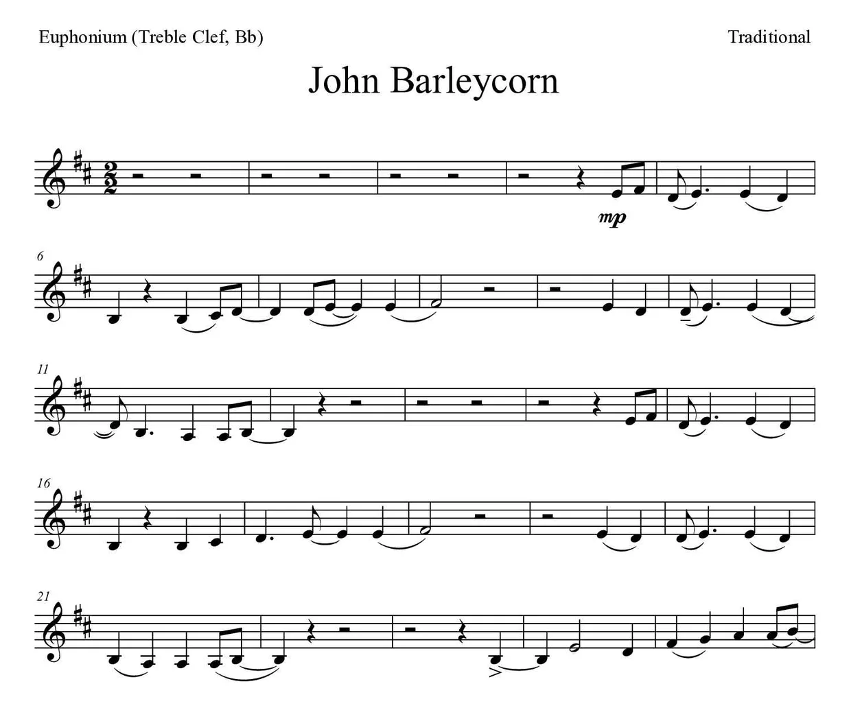 ‘John Barleycorn’ Euphonium (Treble Clef, Bb) 악보의 첫 몇 줄