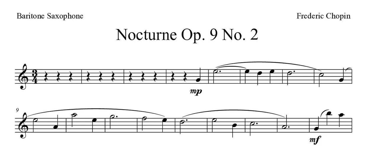 Partition de Nocturne Op. 9 No. 2 pour saxophone baryton, premières lignes