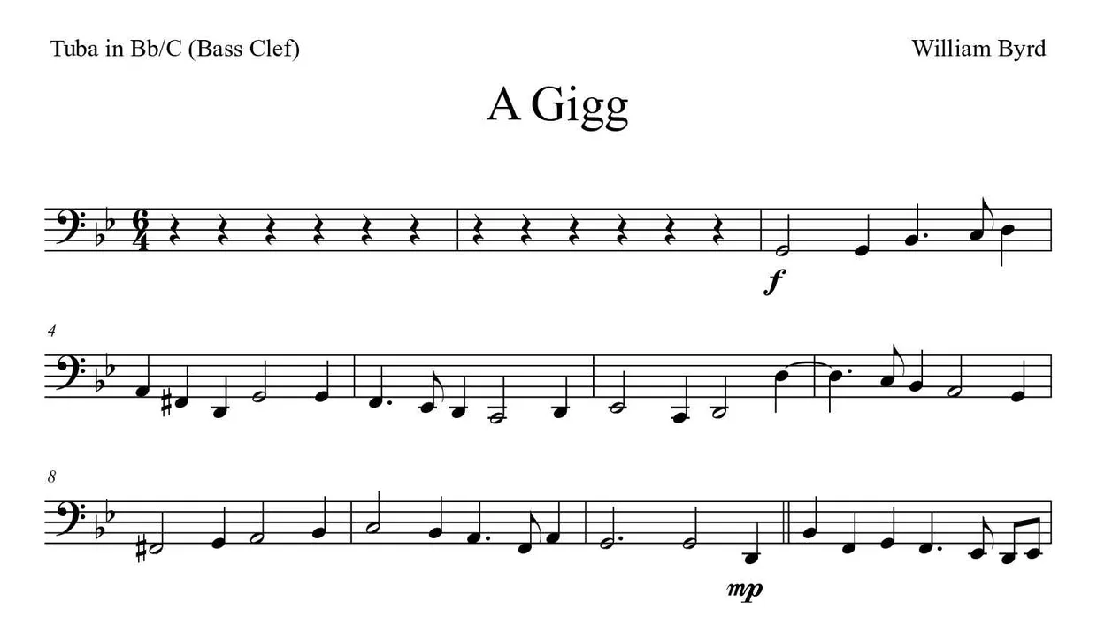 ‘A Gigg’ Tuba in Bb/C (Bass Clef) 악보의 첫 몇 줄