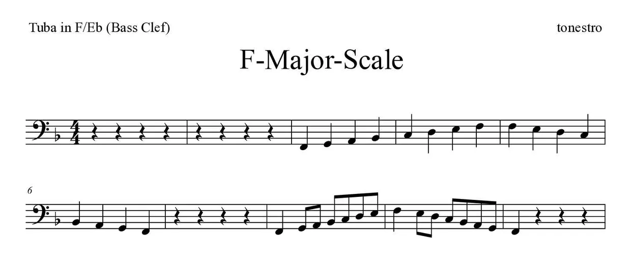 Sheet music of F-Major-Scale for tuba in F/Eb (bass clef) (Medium), first lines