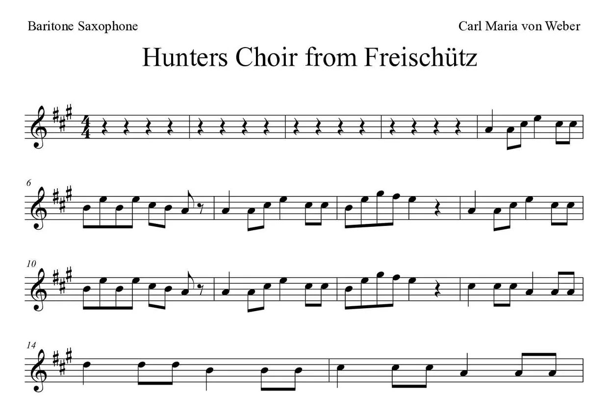 Partitura de Hunters Choir from Freischütz para saxofón barítono, primeras líneas