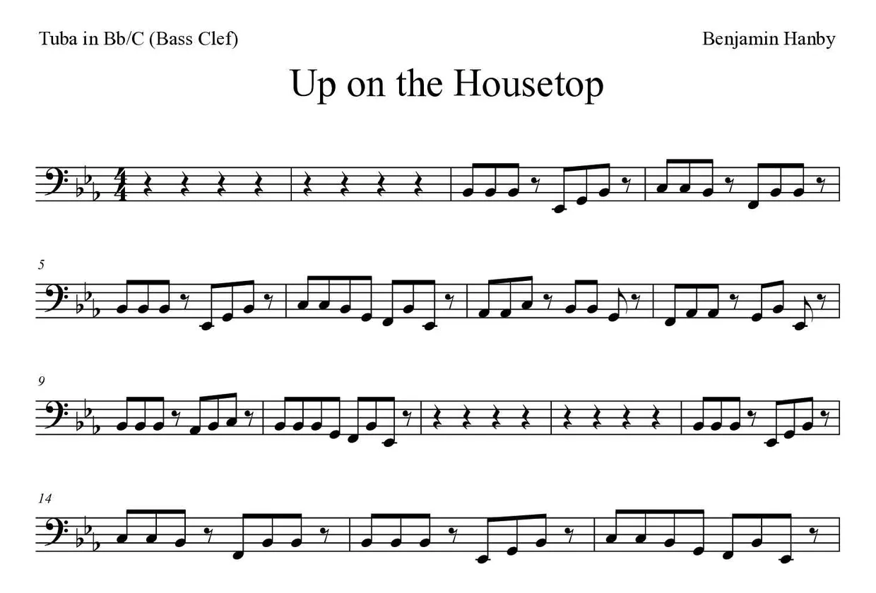 Partitura de Up on the Housetop para tuba en Sib/Do (clave de Fa), primeras líneas