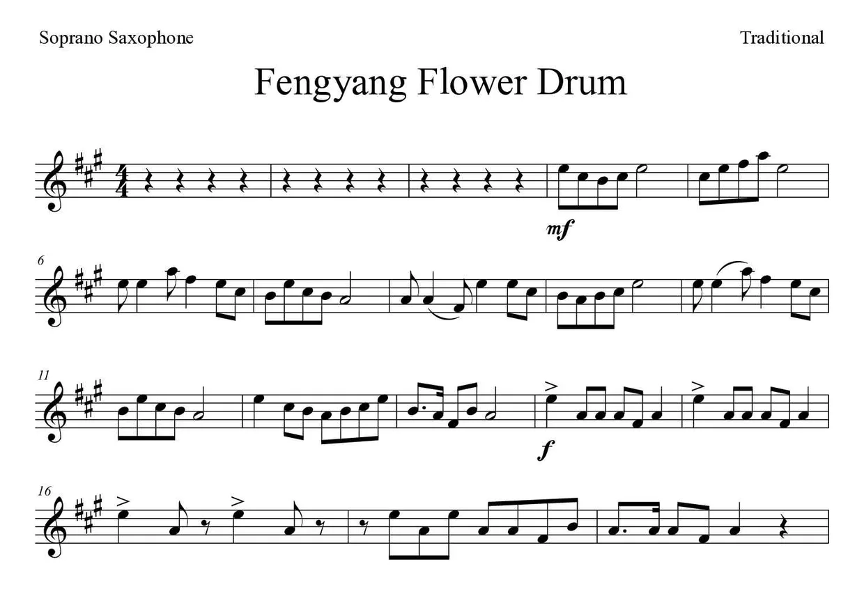 ‘Fengyang Flower Drum’ Soprano Saxophone 악보의 첫 몇 줄